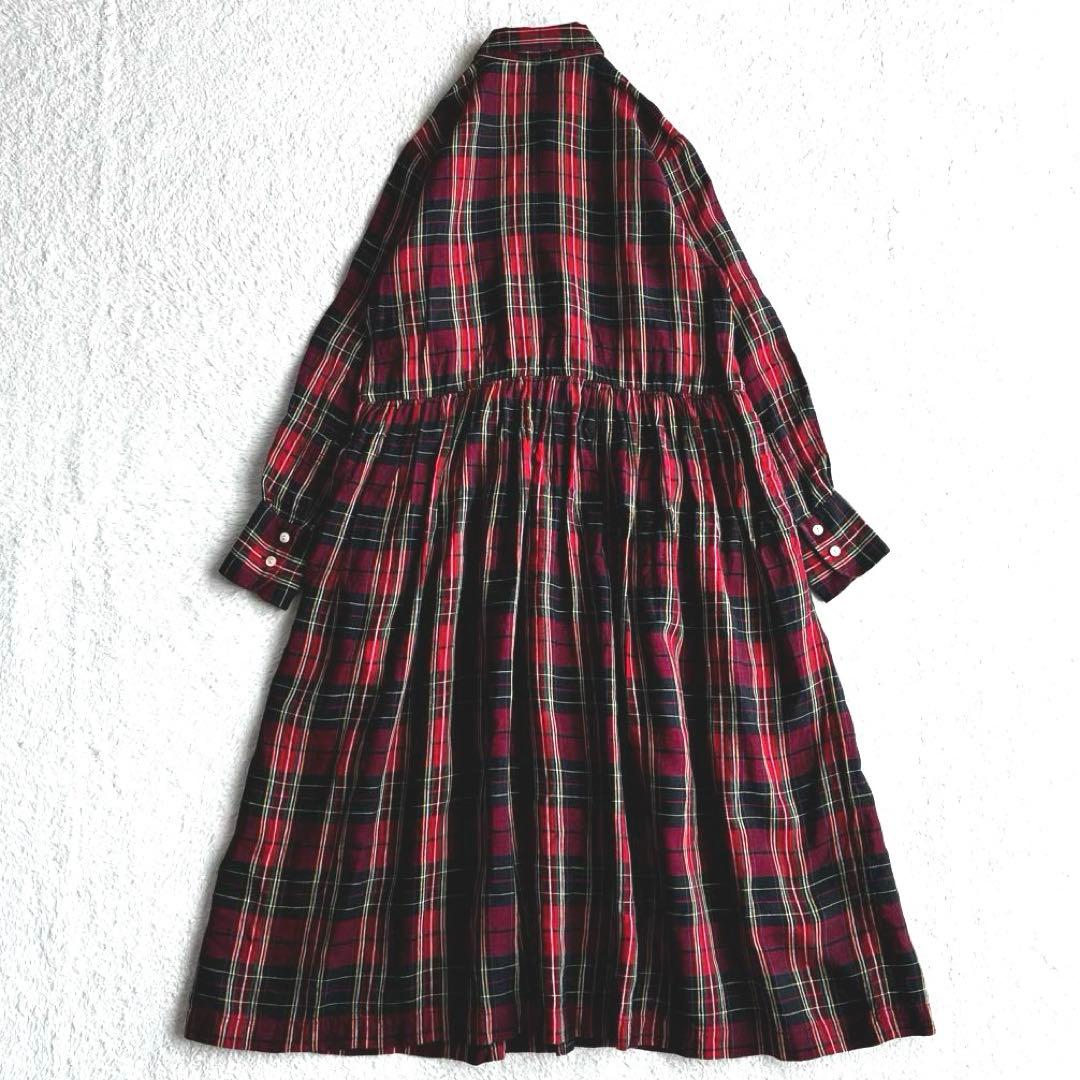 美品 アピースオブライブラリー リネン100 タータンチェック柄シャツワンピース