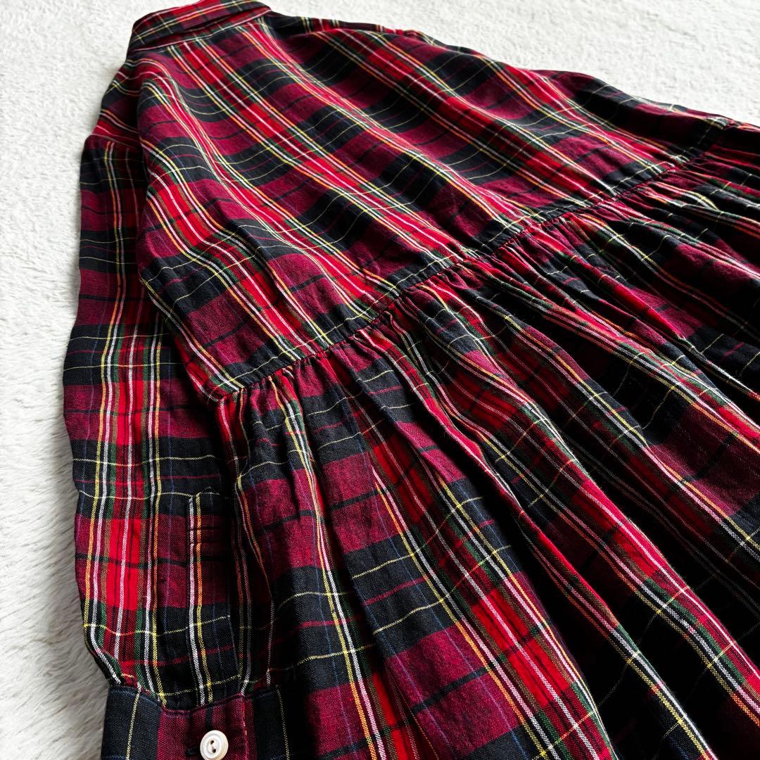 美品 アピースオブライブラリー リネン100 タータンチェック柄シャツワンピース