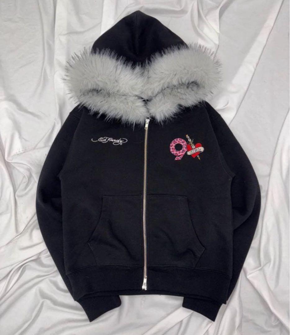 9090girl×Ed Hardy 90Logo Fur Zip S 上のみ