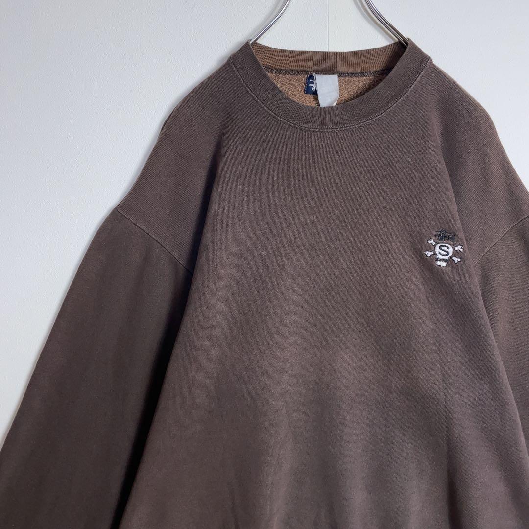 【超希少】ステューシー スウェット 90s スカル ワンポイント刺繍ロゴ 茶