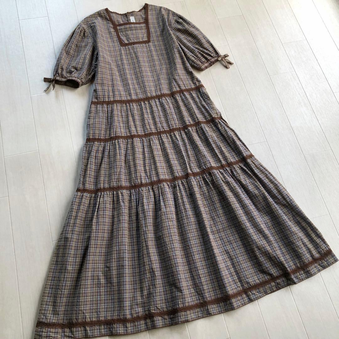 カネコイサオ チェック柄 レース ワンピース