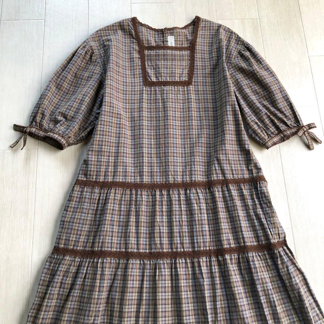 カネコイサオ チェック柄 レース ワンピース