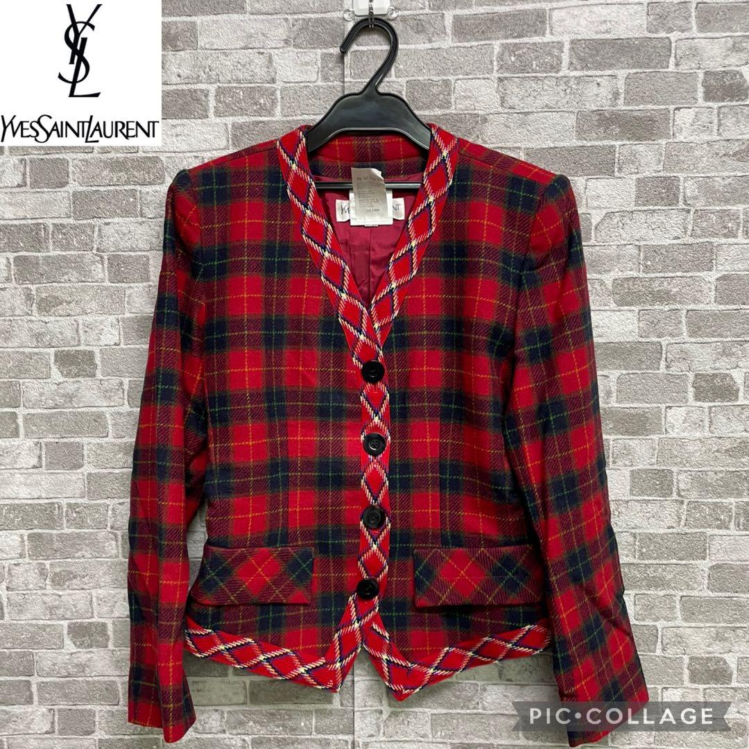 極美品　Yves Saint Laurent カシミヤ　レッドチェックジャケット