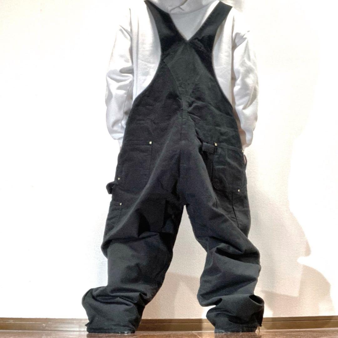 カーハートブラックオーバーオール大ペインターパンツ中綿黒パッチロゴ極太w52古着