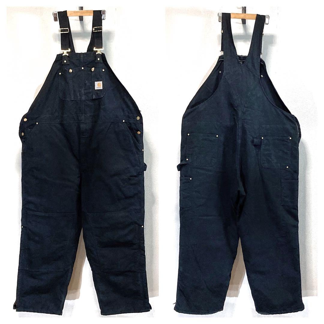 カーハートブラックオーバーオール大ペインターパンツ中綿黒パッチロゴ極太w52古着