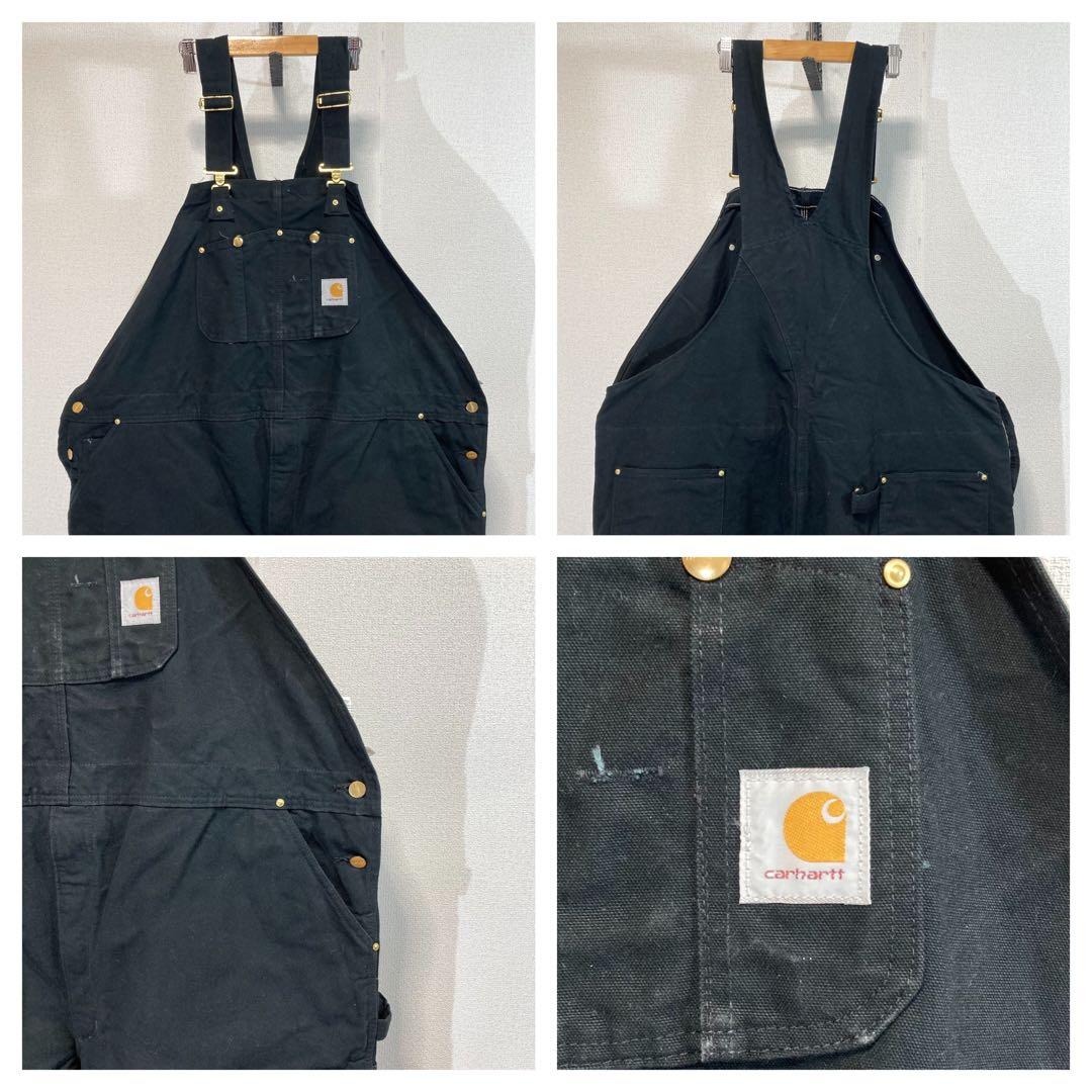 カーハートブラックオーバーオール大ペインターパンツ中綿黒パッチロゴ極太w52古着