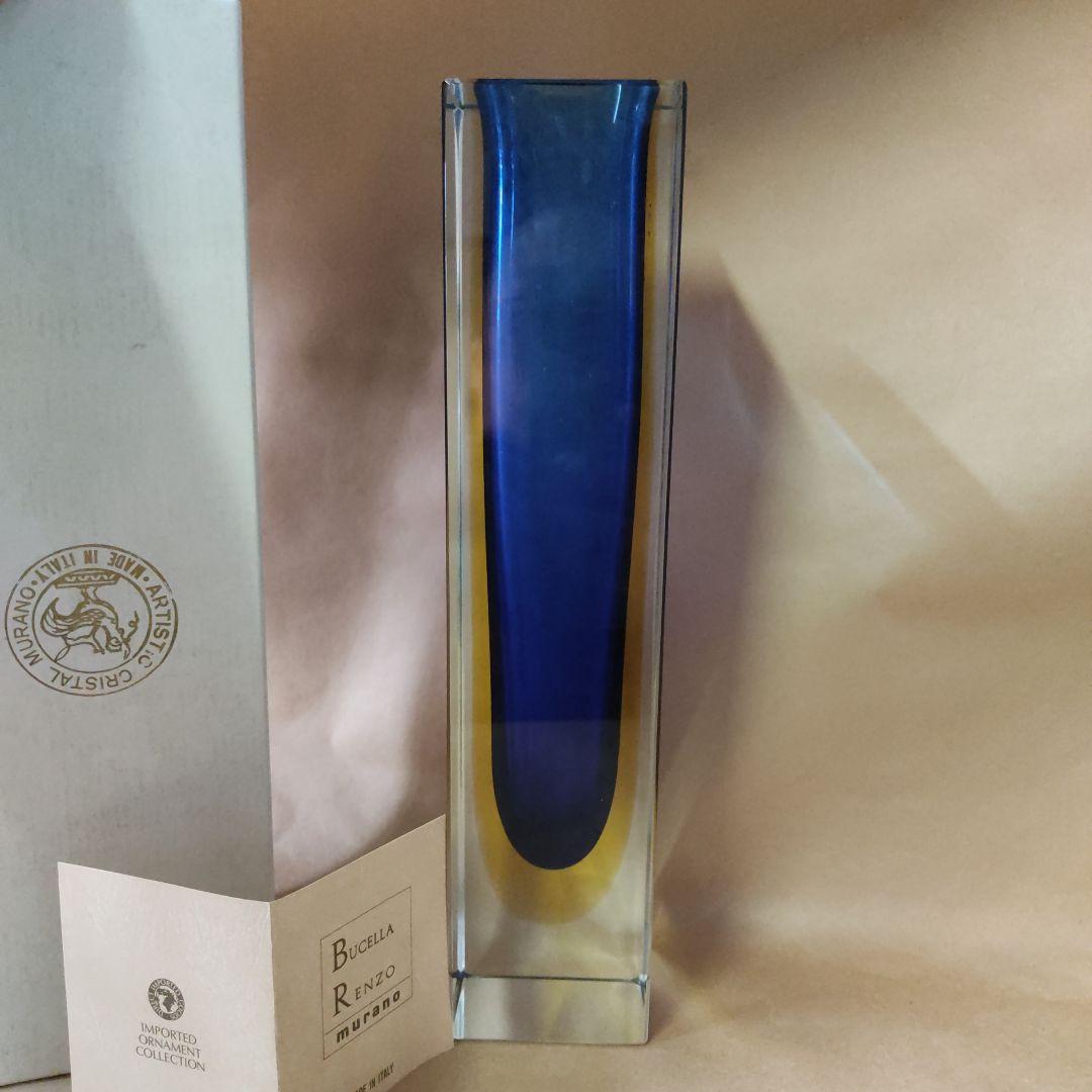 未使用 イタリア ムラーノ MURANO 青と透明のガラス花瓶 tr