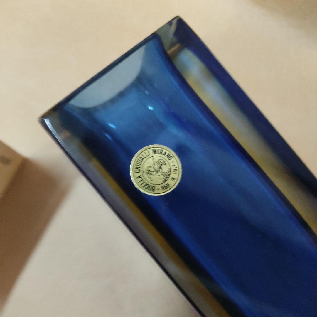 未使用 イタリア ムラーノ MURANO 青と透明のガラス花瓶 tr