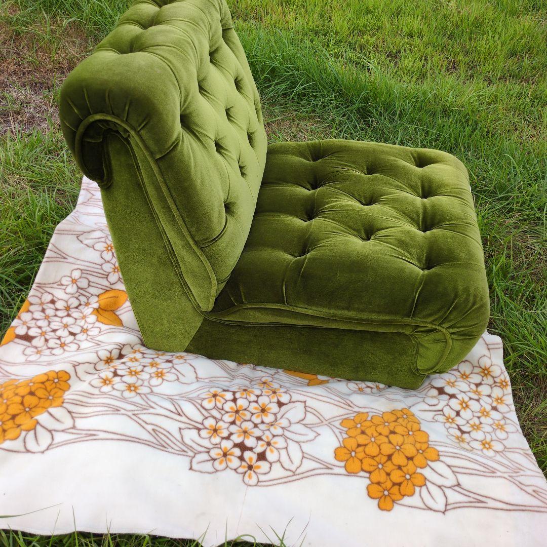 昭和レトロ オールド カリモク グリーン モケット 1人掛け ソファ①ベルベット