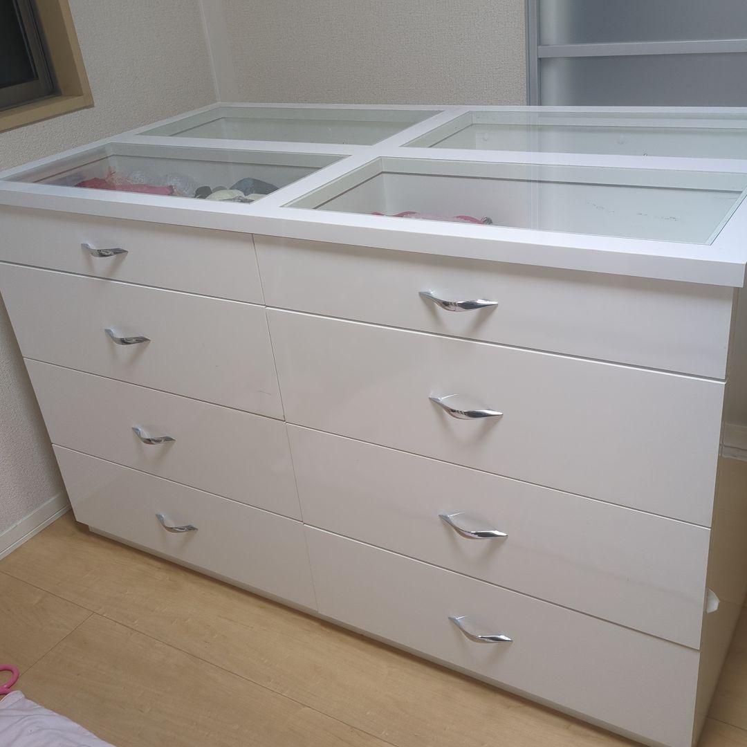 特注オーダー定価30万　鏡張りホワイト木製チェスト 6段 ガラス引き出し付き