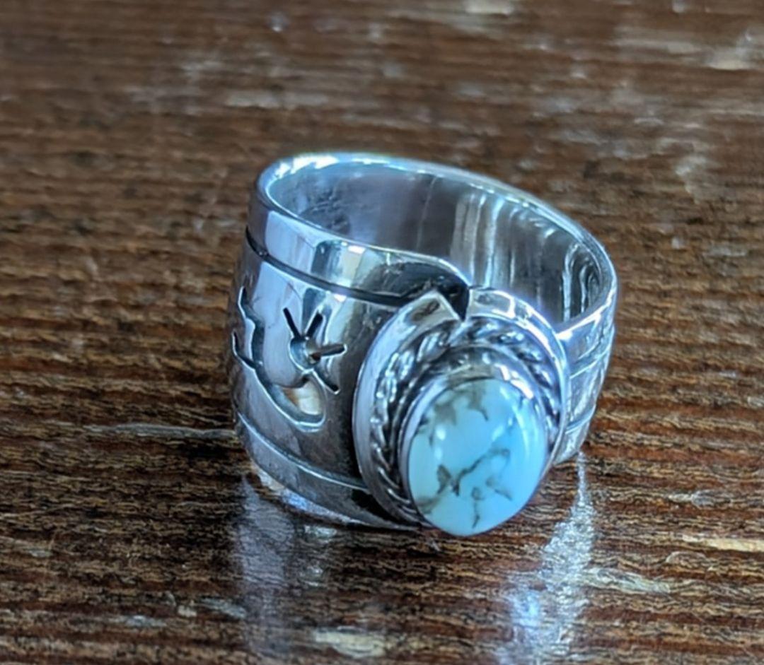 アメリカインディアンジュエリー☆ターコイズ シルバーリングココペリ 彫刻入り