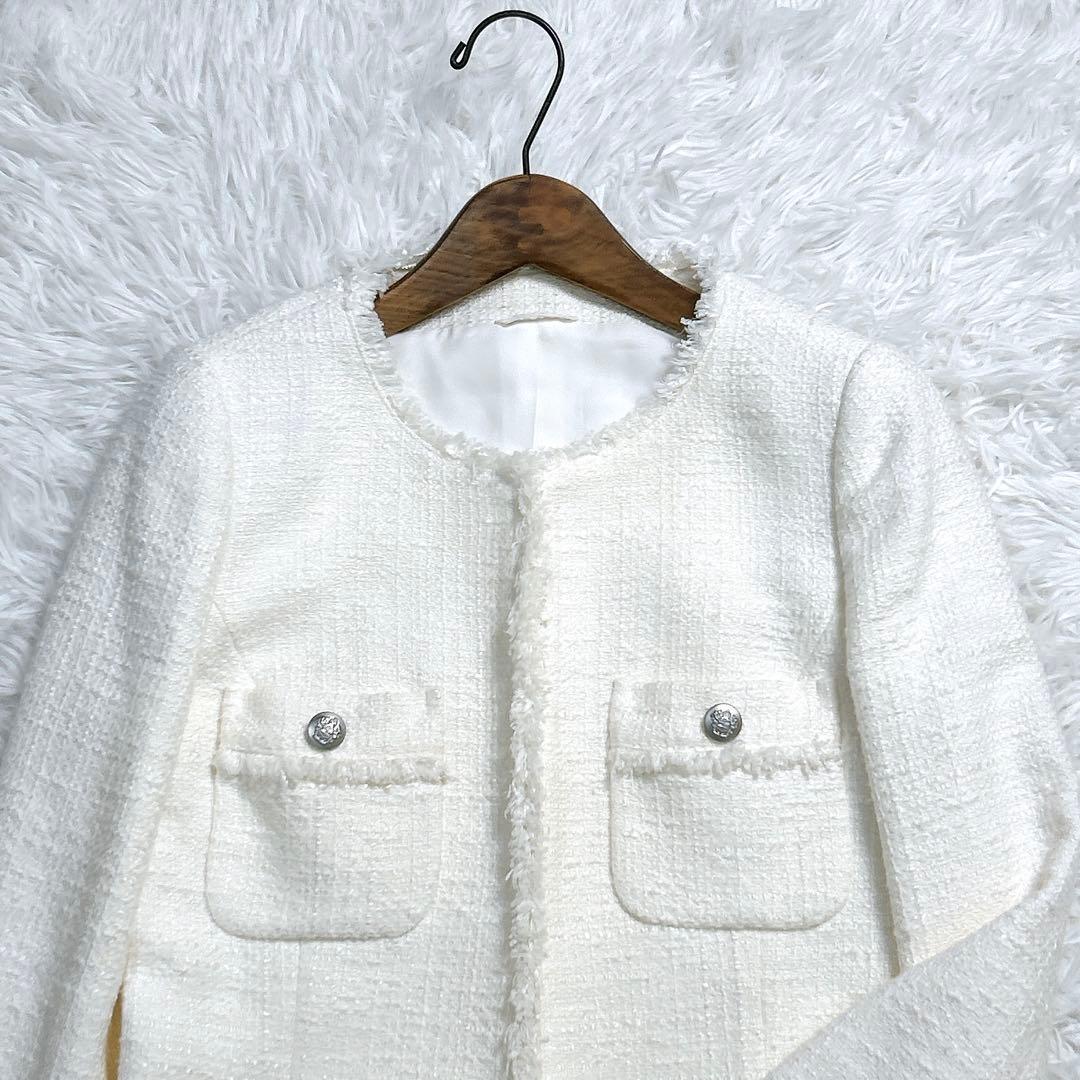 極美品✨️ ANAYI ツィード ノーカラージャケット 白 銀ボタン 38