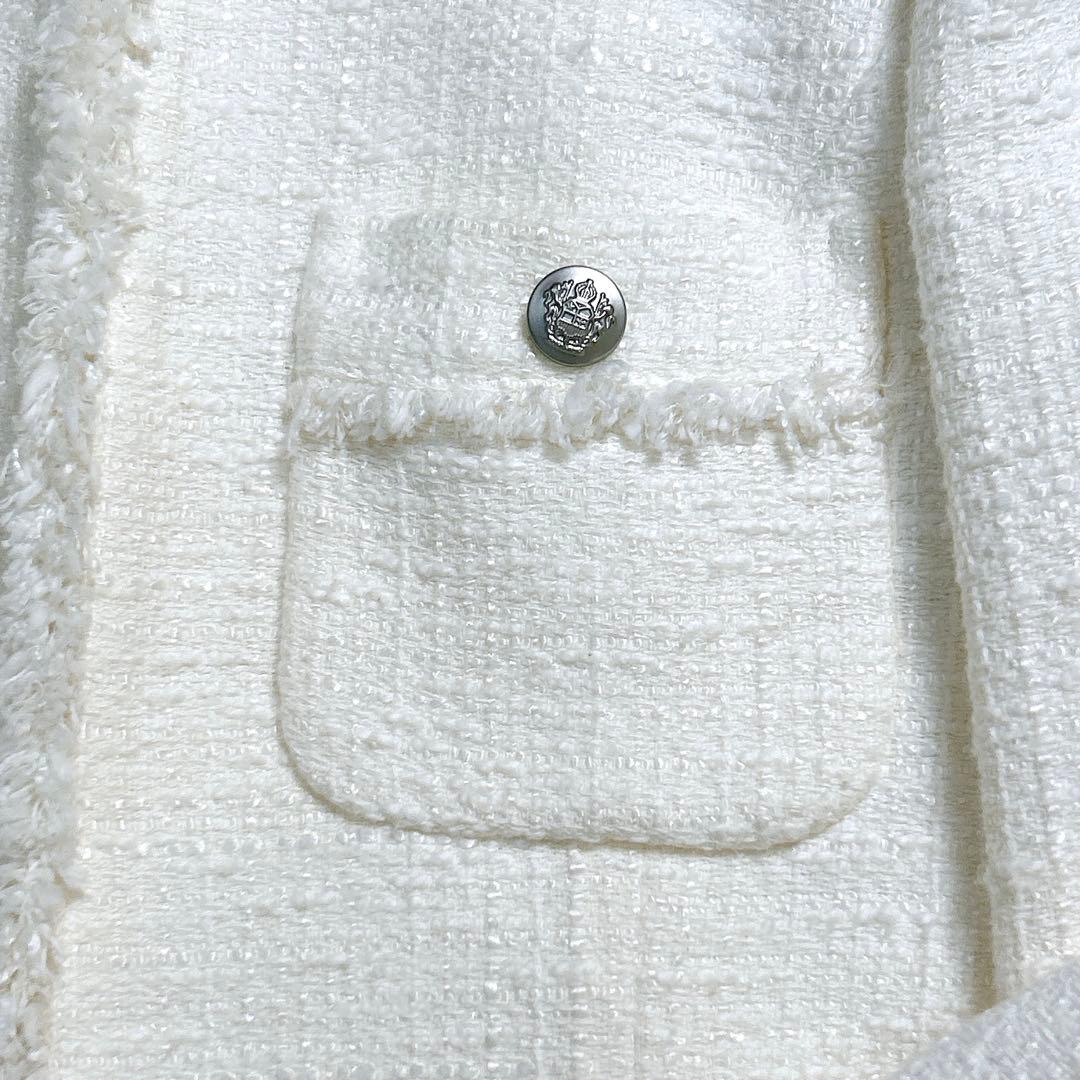 極美品✨️ ANAYI ツィード ノーカラージャケット 白 銀ボタン 38