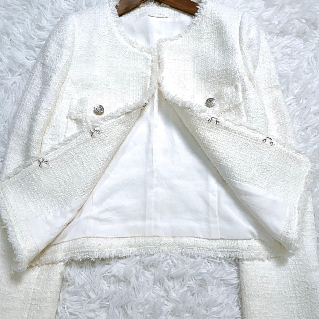 極美品✨️ ANAYI ツィード ノーカラージャケット 白 銀ボタン 38
