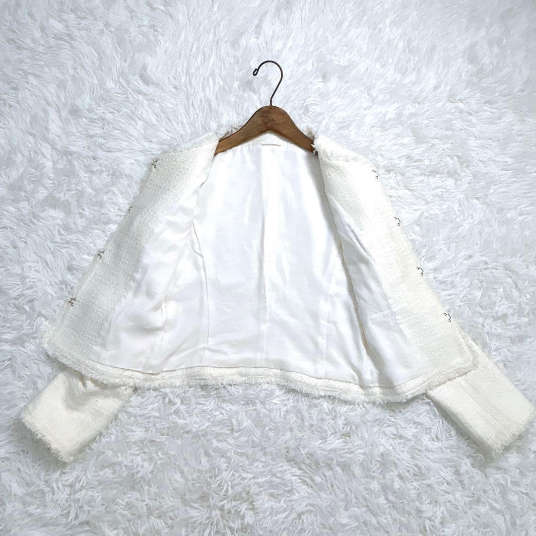 極美品✨️ ANAYI ツィード ノーカラージャケット 白 銀ボタン 38