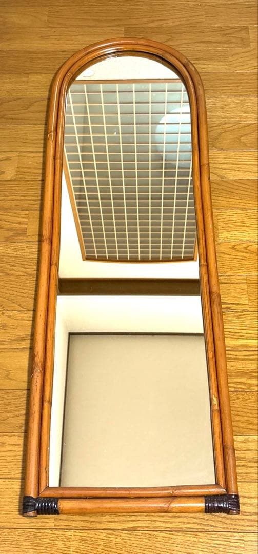 美品 ラタン 籐 アンティーク ミラー 姿見 全身鏡