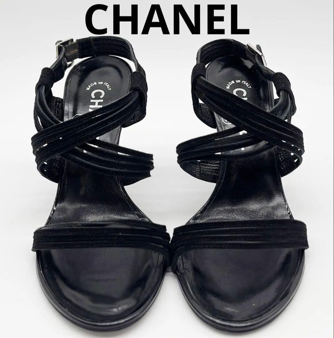 CHANEL サンダル ブラック レザー 37.5 箱・保存袋付き