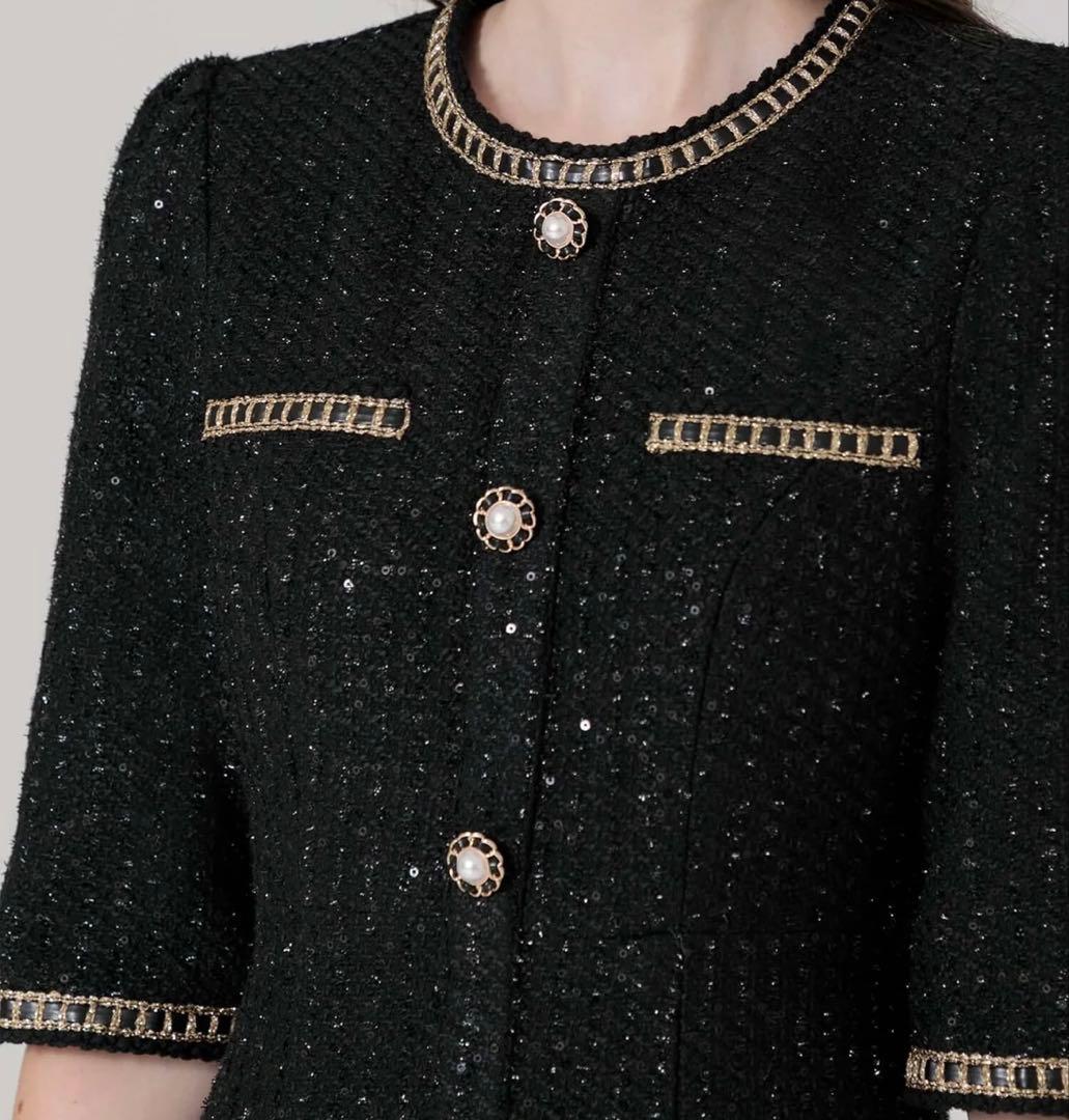 leja ラメツイードレザーパイピングパールマーメイドワンピースドレス