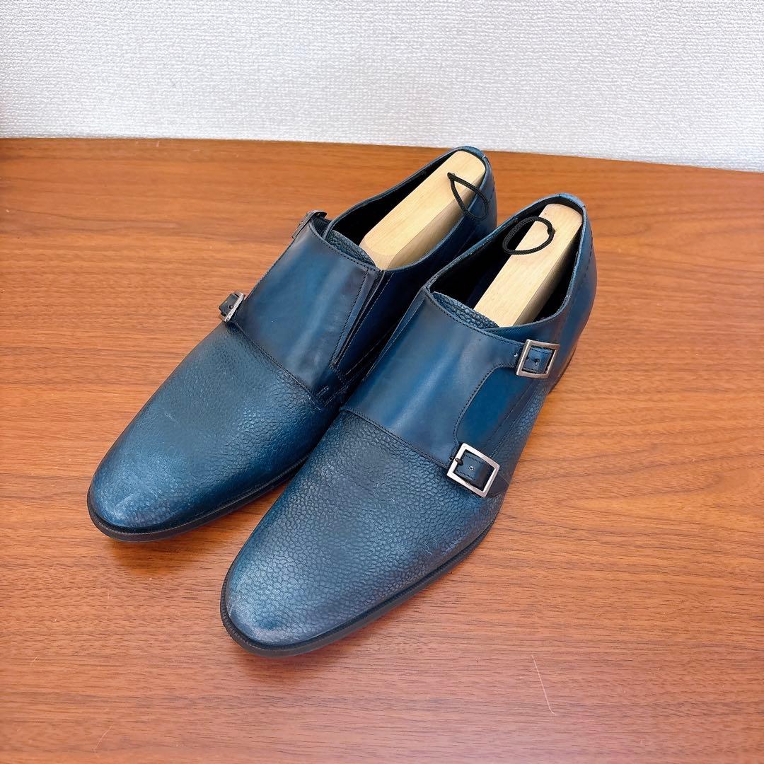 LANVIN ダブルモンクストラップ ビジネスシューズ ネイビー 25.5cm