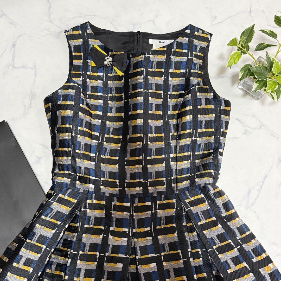 美品 ルネ ジャガード ドレス ワンピース ブロー付 フィットアンドフレア 36