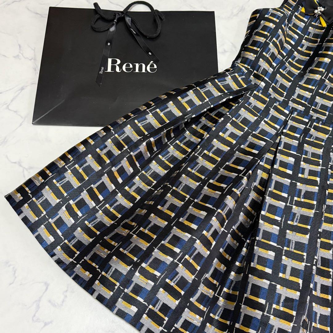 美品 ルネ ジャガード ドレス ワンピース ブロー付 フィットアンドフレア 36