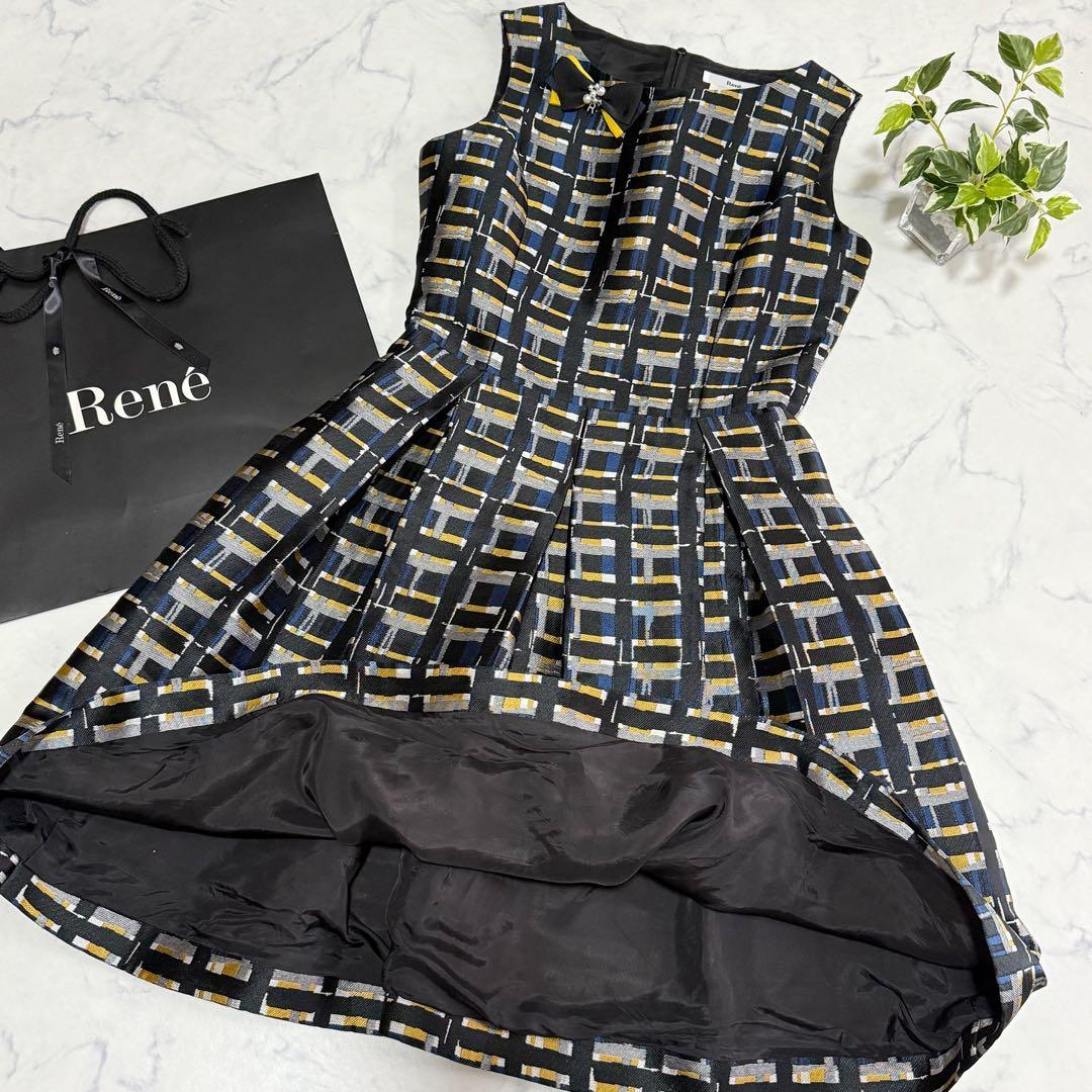 美品 ルネ ジャガード ドレス ワンピース ブロー付 フィットアンドフレア 36