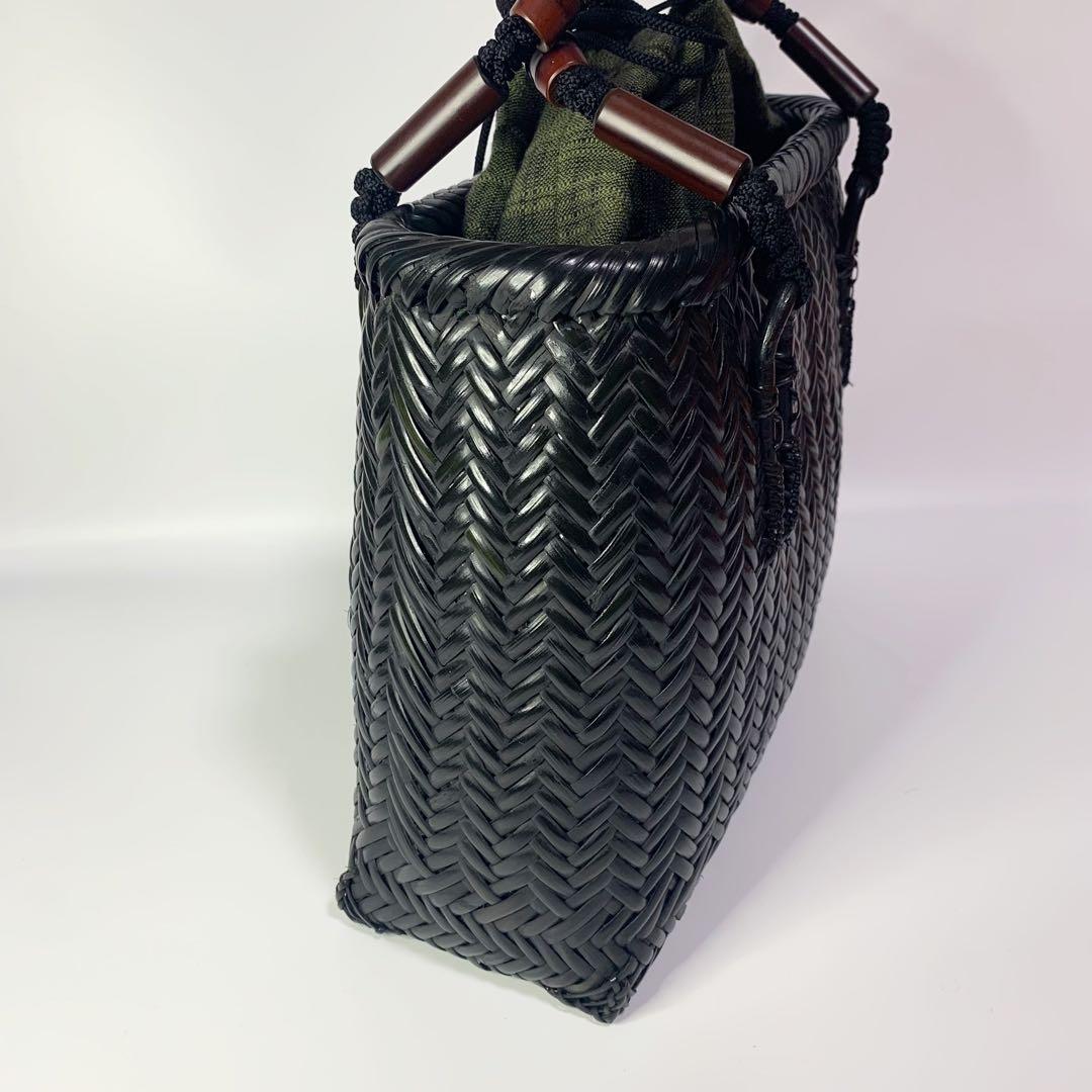 竹巧彩　竹　籠バッグ　カゴバッグ　内布あり　巾着　新品　黒　和装小物　縦横網代