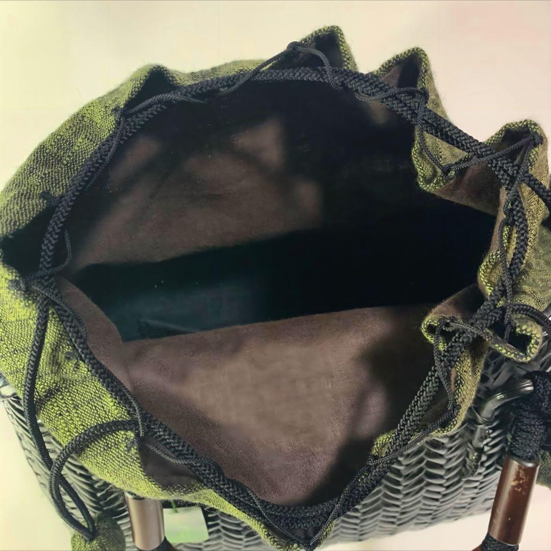 竹巧彩　竹　籠バッグ　カゴバッグ　内布あり　巾着　新品　黒　和装小物　縦横網代