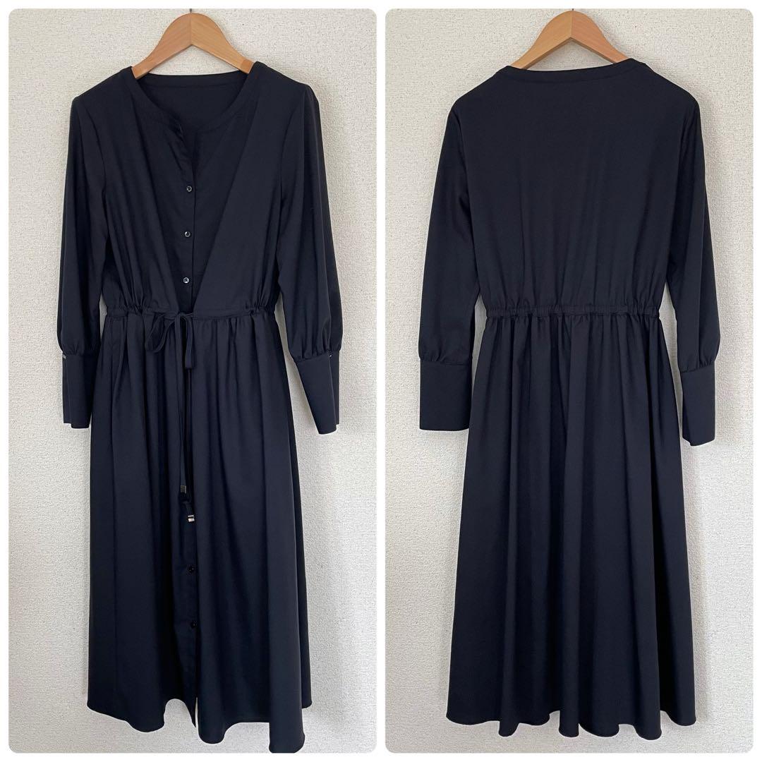 ANAYIアナイ ネイビーシャツワンピースウエストフロントリボン紐