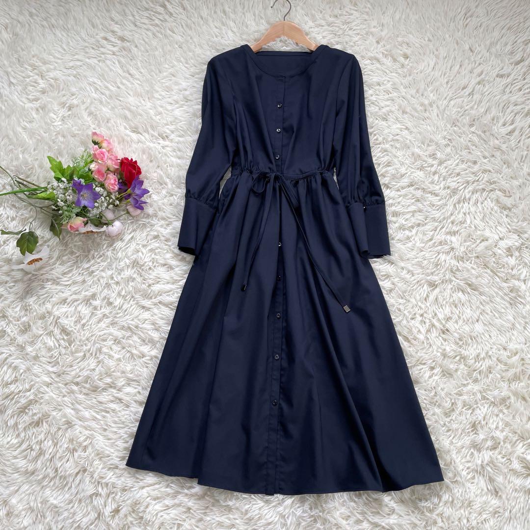 ANAYIアナイ ネイビーシャツワンピースウエストフロントリボン紐