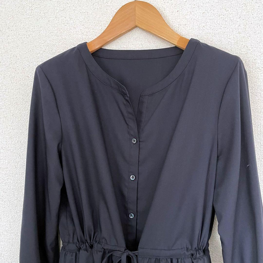 ANAYIアナイ ネイビーシャツワンピースウエストフロントリボン紐