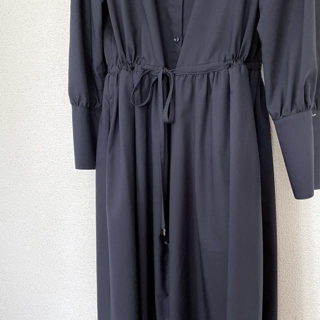 ANAYIアナイ ネイビーシャツワンピースウエストフロントリボン紐