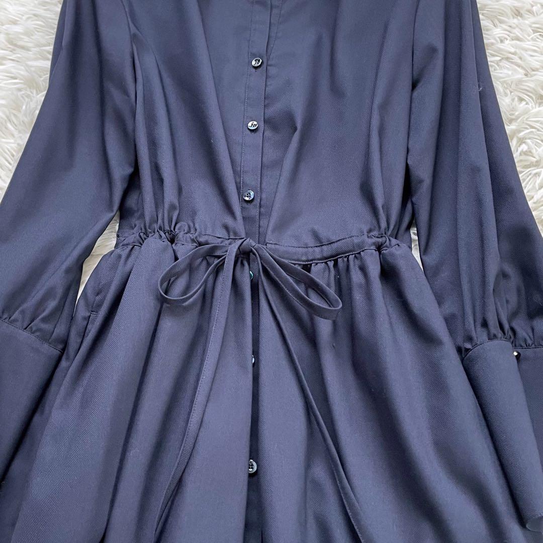 ANAYIアナイ ネイビーシャツワンピースウエストフロントリボン紐