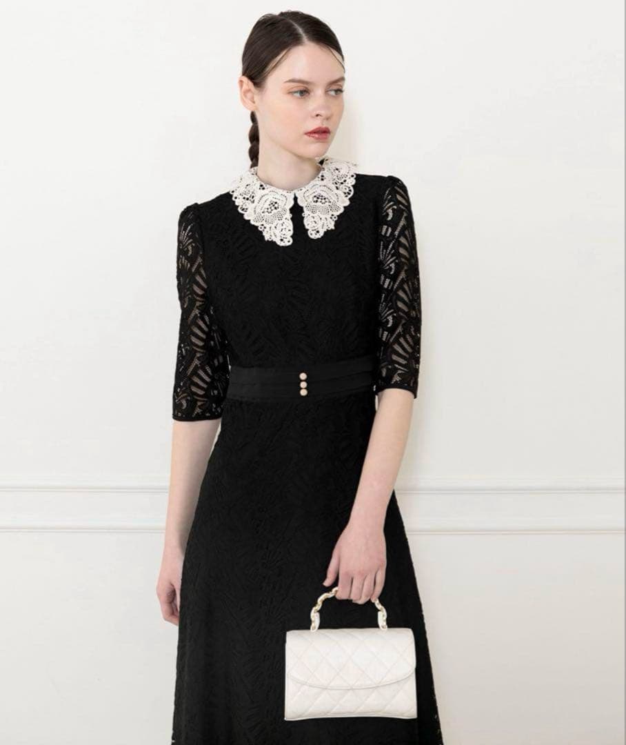 LEJA leja レースビッグカラー花柄刺繍ロングフレアドレスワンピース