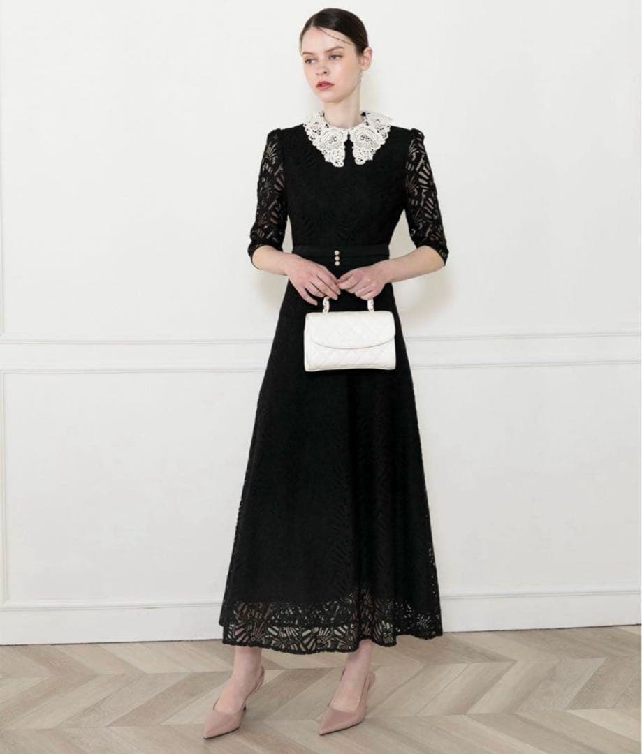 LEJA leja レースビッグカラー花柄刺繍ロングフレアドレスワンピース