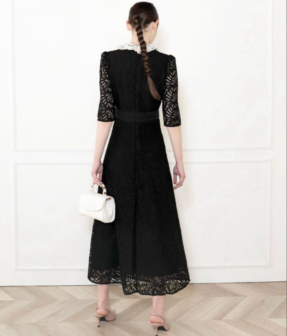 LEJA leja レースビッグカラー花柄刺繍ロングフレアドレスワンピース