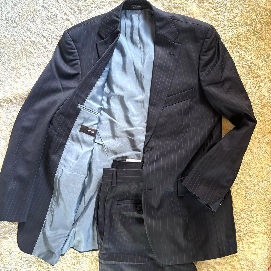美品✨ヒューゴボス　セットアップ　ネイビーストライプ　48トルコ製　総裏