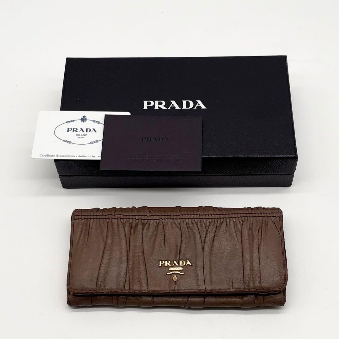 【美品】 付属品完備 PRADA レザー ギャザー 長財布 ロゴ金具 ベージュ