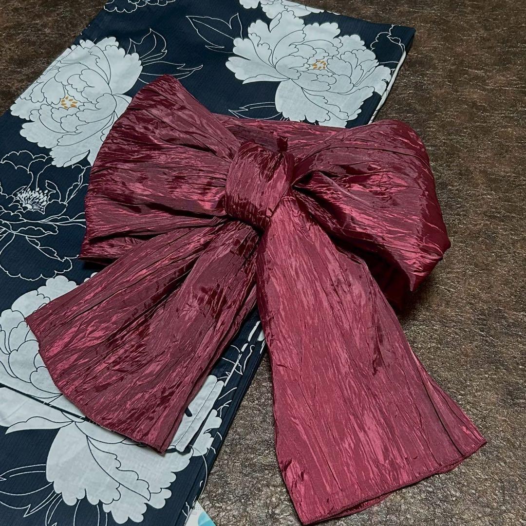 浴衣　大きめサイズ　浴衣 3L 牡丹　濃紺　兵児帯エンジ　2点　新品　0709③