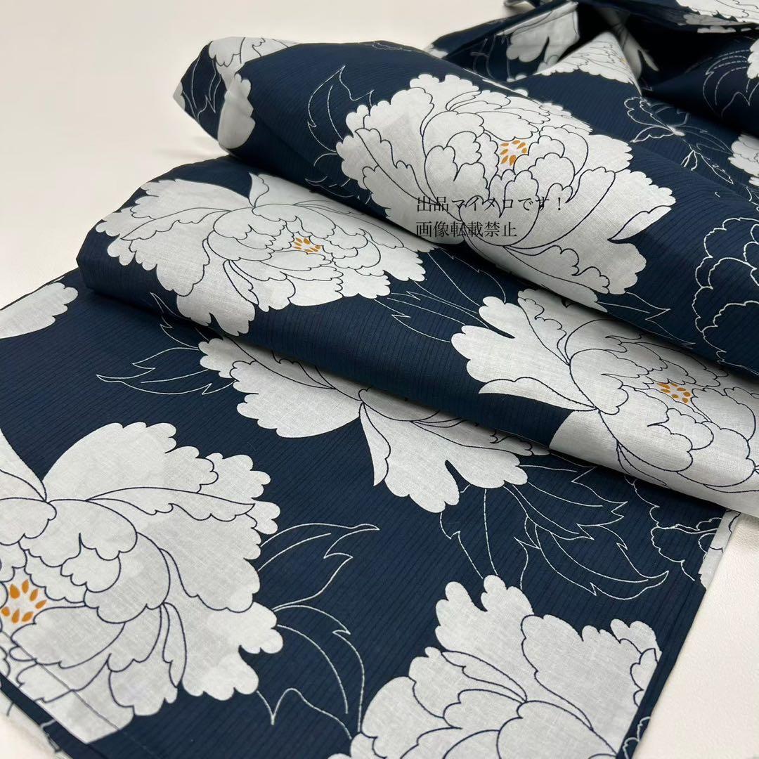 浴衣　大きめサイズ　浴衣 3L 牡丹　濃紺　兵児帯エンジ　2点　新品　0709③
