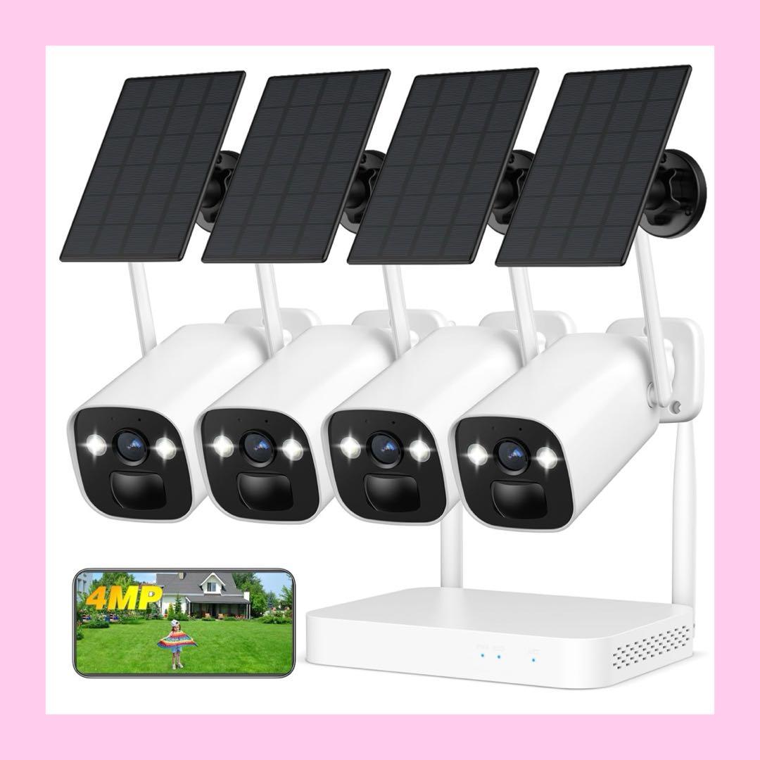 【400万画素】監視 ソーラー 防犯カメラ4台＋ソーラーパネル4台＋ミニ録画機）