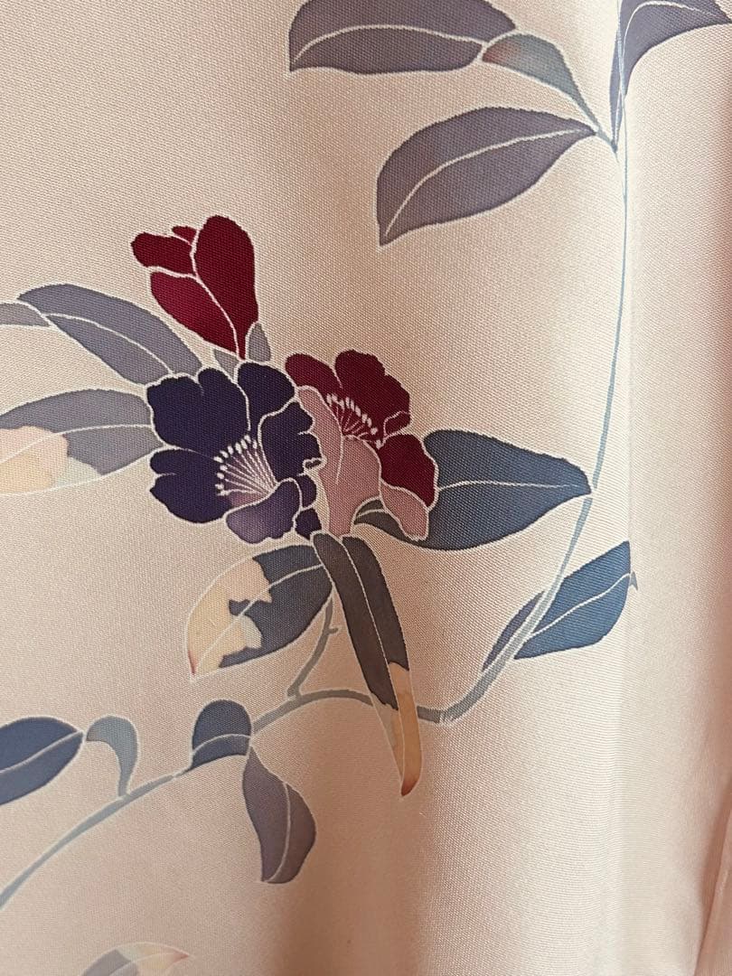 ♪着物リメイク♪ 桜色に上品な友禅花模様　後リボンの シンプルワンピース　後長め