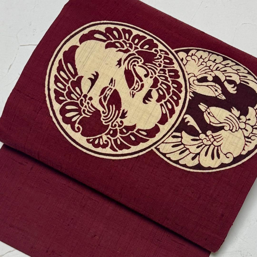 みー 名古屋帯 開き名古屋 鳳凰 紬 つむぎ 臙脂色 丸柄 NO-1419