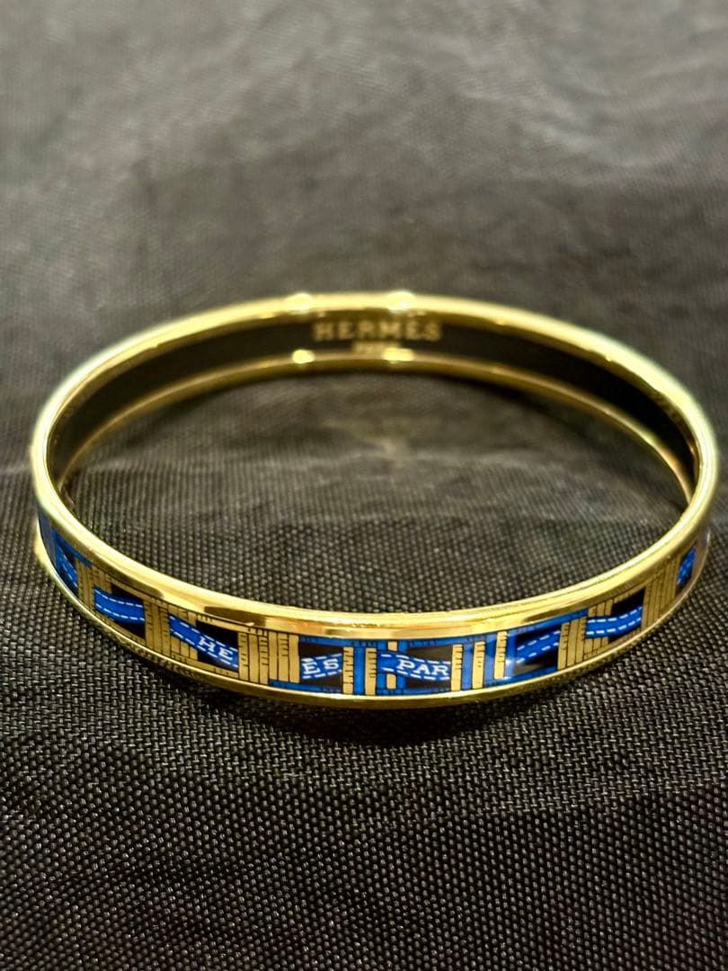 HERMES エルメス エマイユ バングル 青 ブルーリボン柄