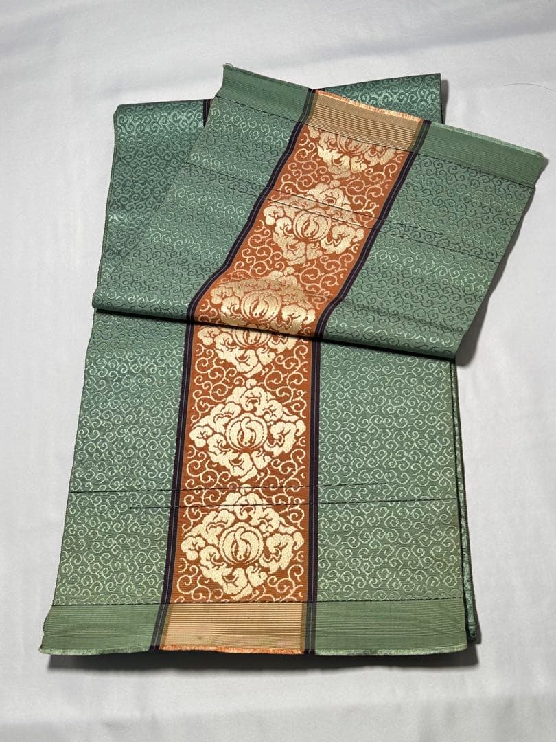 [とも] 本場筑前博多織　名古屋帯　正絹　唐草　緑　博多帯　カジュアル