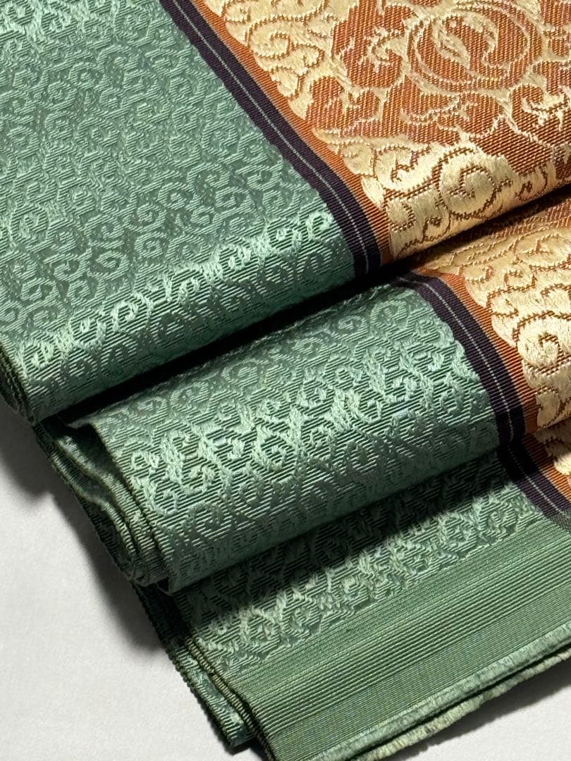 [とも] 本場筑前博多織　名古屋帯　正絹　唐草　緑　博多帯　カジュアル