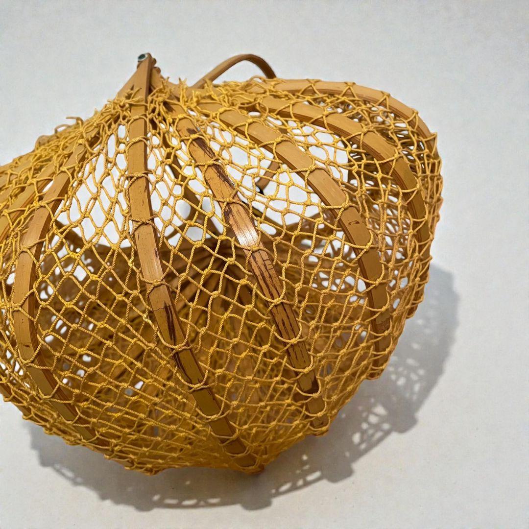 折りたたみかごバッグ　ピーコックバッグ　ヴィンテージ　レトロ　竹　イエロー