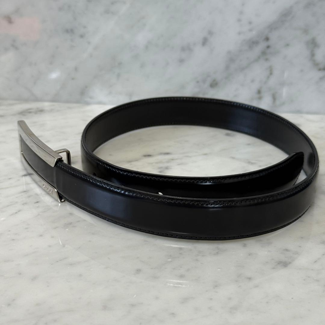 美品 GUCCI グッチ ベルト 本革 レザー ブラック シルバー メタルロゴ