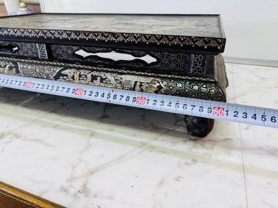 総螺鈿 細工 楼閣人物 長方平卓 61cm花台 飾台 香炉台 木製 猫足 漆芸