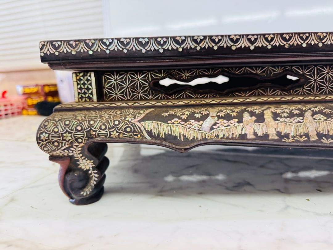 総螺鈿 細工 楼閣人物 長方平卓 61cm花台 飾台 香炉台 木製 猫足 漆芸